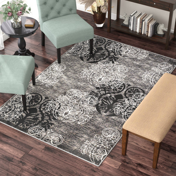 Charlton Home® Bloomington Flatweave Performance Gray/Black Rug